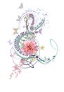 Abstract treble clef decorated with summer and spring flowers, palm leaves, notes, birds.